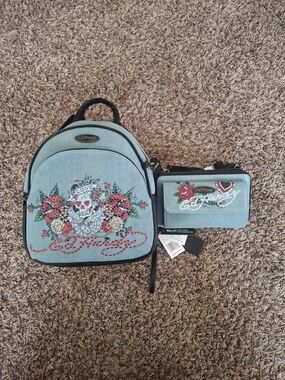Ed Hardy Light Blue Denim-Style Embellished Mini Backpack and Zip Wallet Set